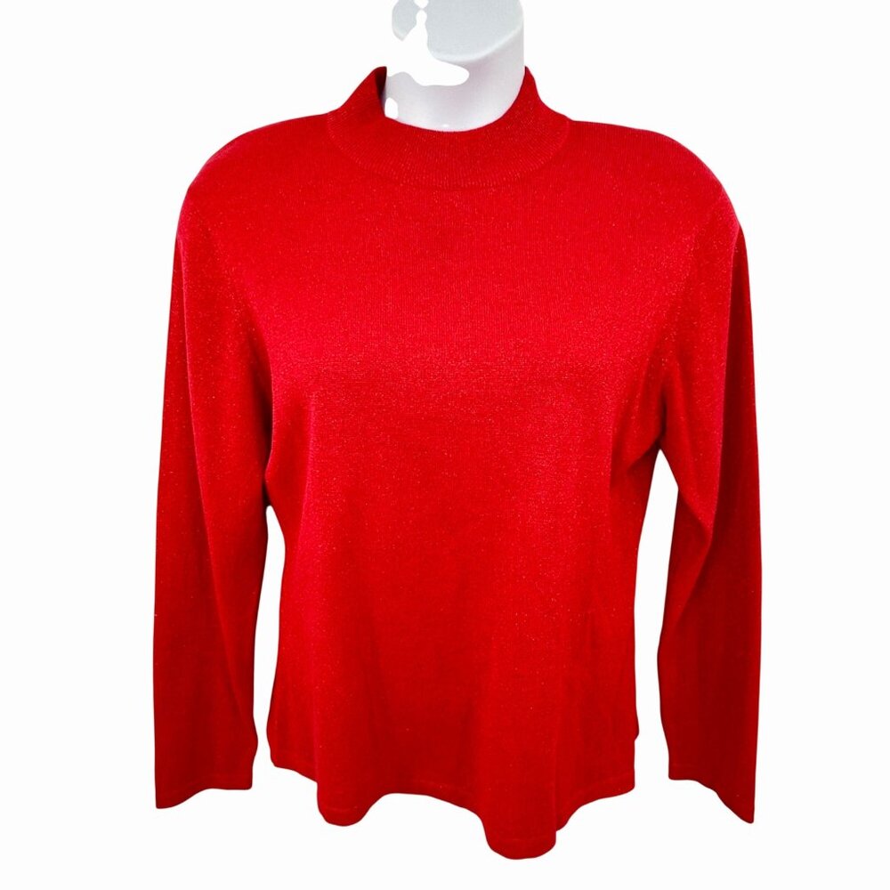 VINTAGE YARNWORKS RED METALLIC THREAD SPARKLE MOCK NECK SWEATER - L